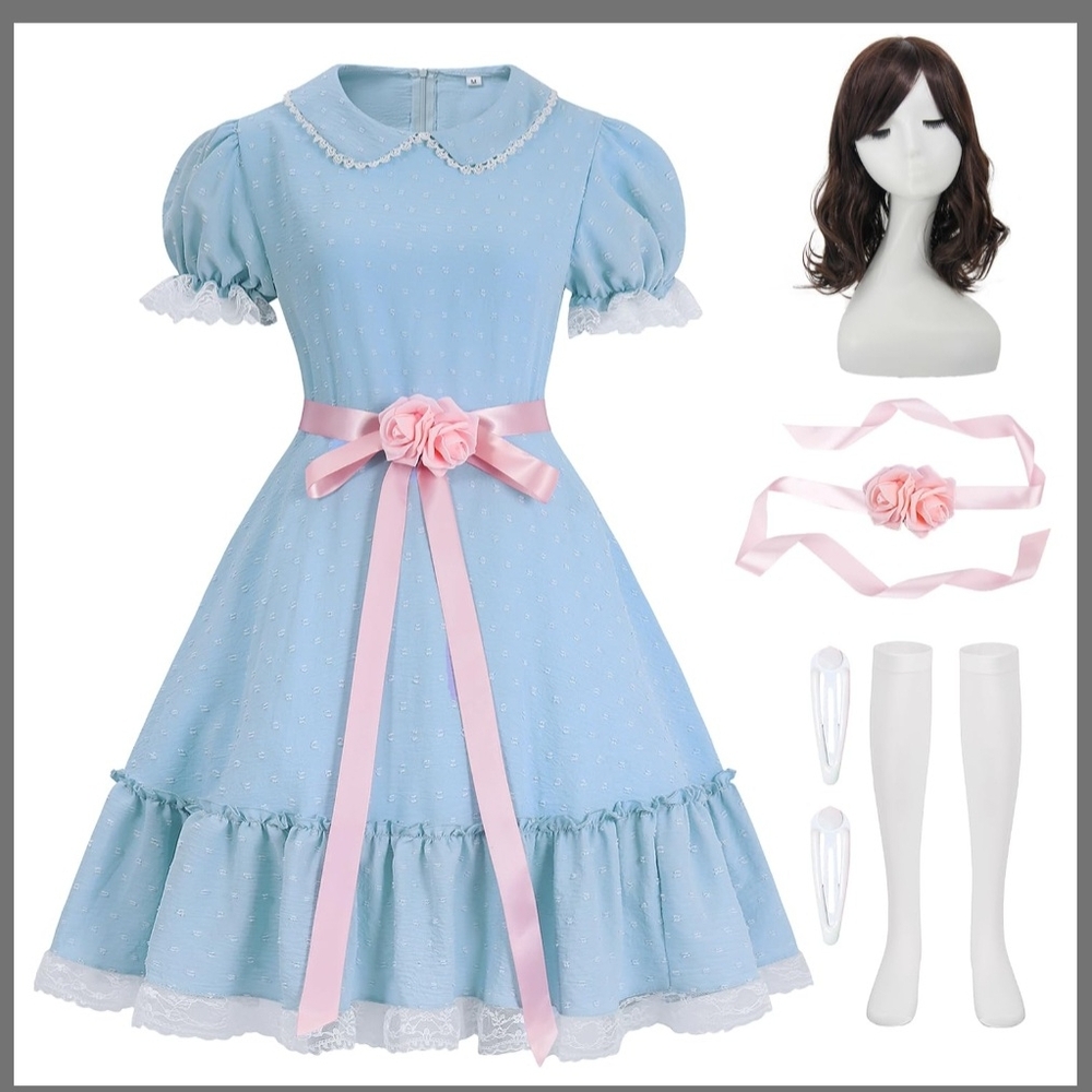 Blue Dress with Pink Ribbon and Accessories